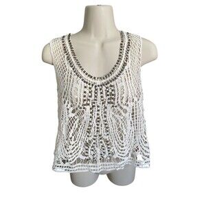 Ecote Boho Open Knit Studded Ivory Cotton Festival Tank Top Small size S